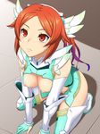  1girl areolae armor breasts breasts_outside character_request highres kneeling legs long_hair looking_up medium_breasts multicolored_hair nipples phantasy_star phantasy_star_online_2 phantasy_star_universe red_eyes serious solo thighs 