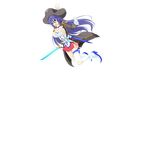  1girl belt black_eyes blue_hair blush boots breasts energy_sword female game_cg gloves hat large_breasts legs lightsaber long_hair looking_at_viewer open_mouth simple_background skirt solo sword thighs torn_clothes weapon white_background 