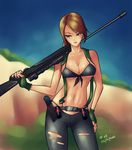  bikini_top blue_eyes breasts brown_hair cleavage contrapposto dated fingerless_gloves front-tie_bikini front-tie_top gloves gun hand_on_hip highres kuso_otoko large_breasts long_hair metal_gear_(series) metal_gear_solid metal_gear_solid_v navel over_shoulder pants pantyhose ponytail quiet_(metal_gear) rifle scope sniper_rifle solo standing suspenders torn_clothes torn_legwear torn_pants underboob weapon weapon_over_shoulder 