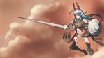  ahoge aliasse artist_name belt beltskirt boots breasts cloud highres horns huge_ahoge kuso_otoko lance long_hair midriff navel no_panties polearm red_eyes senjou_no_valkyria senjou_no_valkyria_2 shield silver_hair small_breasts solo thigh_boots thighhighs weapon 