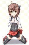  bike_shorts blush brown_eyes brown_hair evandragon flat_chest hand_on_own_chest headband headgear highres kantai_collection kneeling looking_at_viewer open_mouth panties pleated_skirt short_hair skirt skirt_lift solo taihou_(kantai_collection) thighhighs underwear 