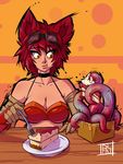 :t animal_ears bandeau bare_shoulders borrowed_character breasts cake cat_ears choker cleavage commentary dalehan eating elbow_gloves english_commentary food fork gloves goggles goggles_on_head large_breasts lips nellko_agogo original red_hair short_hair slit_pupils tentacles yellow_eyes 