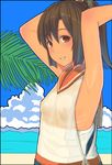  armpits arms_up bare_shoulders blush brown_eyes brown_hair cloud day highres i-401_(kantai_collection) kantai_collection leaf looking_at_viewer one-piece_swimsuit ponytail sailor_collar school_swimsuit school_uniform see-through short_hair short_ponytail sky smile solo swimsuit swimsuit_pull swimsuit_under_clothes taji_(crowview) water 