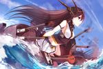  aircraft airplane bai_kongque bare_shoulders battleship blue_sky brown_hair cannon cloud day fingerless_gloves frown gloves headgear headpiece kantai_collection long_hair military military_vehicle nagato_(kantai_collection) ocean profile red_eyes ship skirt sky smoke solo thighhighs very_long_hair warship watercraft wind 