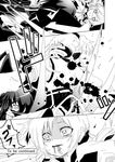  black_hair blood blood_splatter claws comic eyepatch forestss greyscale impaled kure_kirika mahou_shoujo_madoka_magica mahou_shoujo_oriko_magica monochrome multiple_girls tomoe_mami translated 