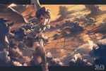  book brown_eyes brown_hair clouds hat nodata shameimaru_aya short_hair skirt sky sunset thighhighs touhou wings zettai_ryouiki 