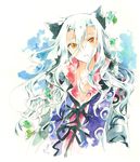  absurdres animal_ears blue_hair diras forked_eyebrows highres horse_boy horse_ears leaf long_hair male_focus oboro_keisuke pale_color ribbon rune_factory rune_factory_4 solo thick_eyebrows yellow_eyes 