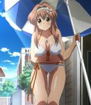  bikini breasts brown_hair cleavage cloud hairband jewelry leaning_forward long_hair lowleg lowleg_bikini necklace screencap seara_august sky smile sunlight swimsuit thigh_gap umbrella white_bikini white_swimsuit yellow_eyes yuusha_ni_narenakatta_ore_wa_shibushibu_shuushoku_wo_ketsui_shimashita. 