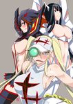  aoi_manabu bangs black_hair blonde_hair blue_eyes blush breasts cleavage grey_background hair_ornament hairclip hairpods hakodate_omiko junketsu kill_la_kill kiryuuin_satsuki large_breasts long_hair matoi_ryuuko multicolored_hair multiple_girls red_hair scope senketsu sharp_teeth short_hair sideboob sportswear sweat tears teeth tennis_uniform twintails two-tone_hair underboob visor_cap 