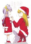  antenna_hair blonde_hair hat highres kagayama_kaede long_hair miyauchi_renge multiple_girls non_non_biyori pantyhose purple_hair santa_costume santa_hat suzumeko translation_request twintails 