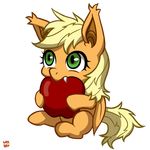  apple applejack_(mlp) blonde_hair cub equine fangs female feral friendship_is_magic fruit fur green_eyes hair horse long_hair mammal my_little_pony norang94 orange_fur original_character pegasus plain_background pony siting sitting solo transparent_background wings young 