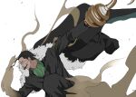  1boy ascot black_hair black_pants black_shirt cigar coat coat_on_shoulders from_side hair_slicked_back highres hook hook_hand male_focus one_piece pants sand scar scar_on_face shirt sir_crocodile smoking solo ufkqz white_background 