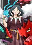  :d altaria bare_shoulders belt breasts closed_eyes dracaena_(pokemon) dragalge dragon druddigon earrings elite_four gen_3_pokemon gen_5_pokemon gen_6_pokemon highres jewelry long_hair long_skirt madarame medium_breasts necklace noivern open_mouth pokemon pokemon_(creature) pokemon_(game) pokemon_xy red_eyes skirt smile wings yellow_eyes 