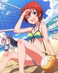  ;d ^_^ arm_support barefoot beach beach_volleyball bikini black_hair blue_eyes blue_hair blush body_blush bracelet breasts brown_hair cleavage closed_eyes day double_high_five front-tie_top ganaha_hibiki idolmaster idolmaster_(classic) idolmaster_million_live! jewelry julia_(idolmaster) kikuchi_makoto long_hair multiple_girls necklace nonohara_akane official_art one_eye_closed open_mouth pendant red_hair sand shark short_hair small_breasts smile swimsuit v-shaped_eyebrows volleyball volleyball_net 