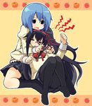  akemi_homura bad_id bad_pixiv_id black_hair blue_eyes blue_hair blush earrings food fruit glasses hair_ribbon hairband highres jewelry long_hair mahou_shoujo_madoka_magica mahou_shoujo_madoka_magica_movie miki_sayaka multiple_girls pantyhose pumpkin purple_eyes raspberry red-framed_eyewear ribbon school_uniform short_hair shouma_keito single_earring struggling sweatdrop 