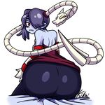  1girl ass black_hair blue_hair blue_skin bone butt clothing detached_sleeves female hair hair_over_one_eye highres huge_ass huge_butt leviathan_(skullgirls) looking_at_viewer looking_back red_eyes side_ponytail simple_background sitting skullgirls squigly squigly_(skullgirls) stitched_mouth stitches undead video_games zombie 