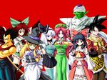  blonde_hair brown_hair cape cosplay crossed_arms crossover detached_sleeves dragon_ball dragon_ball_gt dragon_ball_z dress gloves green_skin hair_ribbon hair_tubes hakurei_reimu hat highres hong_meiling jewelry kamishima_kanon katana kirisame_marisa konpaku_youmu long_hair multiple_boys multiple_girls necklace piccolo ponytail puffy_sleeves red_background red_hair reiuji_utsuho ribbon short_hair short_sleeves silver_hair smile son_gokuu spiked_hair sun_wukong sun_wukong_(cosplay) sword touhou vegeta vest weapon wings witch_hat 