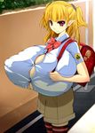  1girl backpack bag blonde_hair breasts bursting_breasts female gigantic_breasts hiiaru pointy_ears randoseru red_eyes ribbon school_bag schoolbag smile standing 