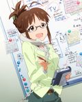  akizuki_ritsuko antenna_hair artist_request bookmark brown_eyes brown_hair cable corded_phone cradling_phone dress_shirt folded_ponytail glasses hair_bun holding holding_pen idolmaster idolmaster_(classic) idolmaster_million_live! notebook official_art open_mouth pen phone shirt smile solo talking talking_on_phone 