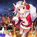 animal_ears bell boots building cape cat_ears christmas cityscape dress finger_to_mouth flower flying gift gilse hair_flower hair_ornament jewelry necklace night night_sky original parted_lips poinsettia red_cape red_eyes ribbon ribbon-trimmed_legwear ribbon_trim sack santa_costume short_hair shushing sky skyscraper slit_pupils solo star_(sky) starry_sky thighhighs white_hair zettai_ryouiki 