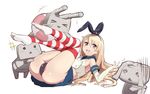  &gt;_&lt; :&lt; :d bad_id bad_pixiv_id black_panties blonde_hair blush closed_eyes elbow_gloves gloves hairband kantai_collection kasa_list leg_lift legs lifebuoy long_hair lying no_shoes on_back open_mouth panties pink_eyes rensouhou-chan shimakaze_(kantai_collection) simple_background skirt smile striped striped_legwear thighhighs underwear white_background white_gloves 