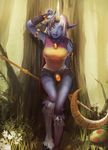  against_tree blue_skin highres hooves horn image_sample la_ciero_(pixiv) league_of_legends md5_mismatch one_eye_closed open_mouth pixiv_sample pointy_ears solo soraka staff tree wide_hips yellow_eyes 