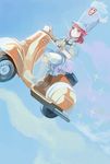  bad_id bad_pixiv_id boots dress flcl flying ground_vehicle hat highres jakuzure_nonon kill_la_kill motor_vehicle pink_hair scooter seiyuu_connection shako_cap shintani_mayumi sidelocks solo uniform vespa winged_hat yyunnyu717 