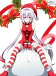  bag bare_shoulders between_legs breasts hand_between_legs hat hiiragi_natsume long_hair medium_breasts purple_eyes santa_costume santa_hat senki_zesshou_symphogear silver_hair sitting smile solo striped striped_legwear very_long_hair yukine_chris 