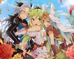  2boys :o :p animal_ears blue_hair blush diras forked_eyebrows fox_boy fox_ears fox_tail frey_(rune_factory) gloves gold_trim green_eyes green_hair horse_boy horse_ears horse_tail jewelry leon_(rune_factory) long_hair multiple_boys rune_factory rune_factory_4 tail thick_eyebrows tiara tobari_(brokenxxx) tongue tongue_out twintails 