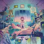  :o bad_id bad_pixiv_id bare_legs bed bedroom book booota cable camera cellphone chair charging clock closed_umbrella curtains doll fisheye guitar headphones highres instrument lamp night original paper phone pink_hair poster_(object) room short_hair solo star_(sky) trash_can umbrella window wire 