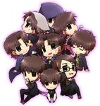  apron brown_eyes brown_hair casual chibi child cross cross_necklace empty_eyes fate/stay_night fate/tiger_colosseum fate/zero fate_(series) formal highres hood jewelry kotomine_kirei ladle male_focus multiple_boys multiple_persona necklace older priest ruchi scarf sensha_otoko suit younger 