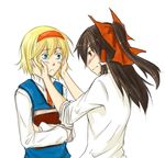  alice_margatroid alternate_costume bad_id bad_pixiv_id blonde_hair blue_eyes blush book bow brown_hair catyll commentary_request hair_bow hair_tubes hairband hakurei_reimu hands_on_another's_cheeks hands_on_another's_face lowres multiple_girls necktie red_eyes shirt touhou vest yuri 