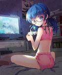  blue_eyes blue_hair controller crop_top frown game_console game_controller glasses hair_ornament hairclip indoors looking_back midriff mintchoco_(orange_shabette) moriah_saga official_art pillow poster_(object) room short_shorts shorts sitting solo speaker television thighs twintails wii wireless xbox_360 