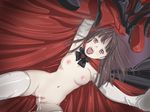  1girl breasts brown_hair cape censored clitoris erect_clitoris fangs gloves large_breasts looking_at_viewer no_panties open_mouth pussy pussy_juice red_eyes solo thighhighs topless twintails vampire yozora 