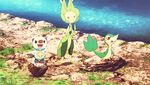  1girl 2boys animated animated_gif leavanny multiple_boys no_humans oshawott pokemon pokemon_(anime) river rock snivy 