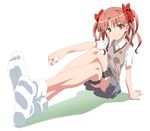  arm_support blazer bow brown_eyes crossed_legs feet foreshortening full_body grin hair_bow head_tilt holster jacket kurai_nao legs looking_to_the_side miniskirt no_shoes red_bow red_hair school_uniform shadow shirai_kuroko simple_background sitting skirt smile socks soles solo thigh_holster thighs to_aru_kagaku_no_railgun to_aru_majutsu_no_index twintails white_background 