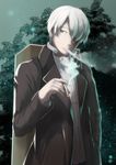  cigarette ginko hair_over_one_eye male_focus medicine_box mushishi night smoking solo touboku tree white_hair 