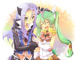  1girl animal_ears blue_hair blush closed_eyes couple cravat diras eggcn_bk forked_eyebrows frey_(rune_factory) gloves gold_trim green_eyes green_hair hetero holding_hands horse_boy horse_ears horse_tail long_hair open_mouth rune_factory rune_factory_4 sleeveless smile tail thick_eyebrows twintails 