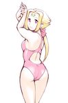  ass blonde_hair breasts competition_swimsuit facial_mark fiona_(zoids) forehead_mark from_behind long_hair looking_back medium_breasts one-piece_swimsuit pink_eyes ponytail smile solo swimsuit ueyama_michirou zoids zoids_chaotic_century 