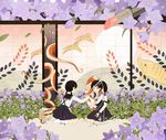  applying_makeup black_hair different_reflection door flower flower_bed highres lipstick lipstick_tube looking_at_mirror makeup mirror multiple_girls octopus original pig_tail reflection satou_odori school_uniform short_hair tail 