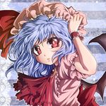  ascot bat_wings blouse blue_background blue_hair brooch eyelashes hand_on_headwear hat hat_ribbon jewelry kamui_setsuna lace_border lips looking_at_viewer mob_cap parted_lips red_eyes remilia_scarlet ribbon short_hair short_sleeves solo striped striped_background touhou upper_body wings wrist_cuffs 