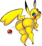  anthro big_breasts big_butt blush breasts butt cleft_tail electricity female fur huge_butt looking_at_viewer looking_back mammal nintendo nipples nude open_mouth pikachu pocketmew pok&eacute;ball pok&eacute;mon pok&eacute;mon_(species) presenting presenting_hindquarters pussy rear_view rodent simple_background solo standing thick_thighs tongue video_games wide_hips yellow_fur 