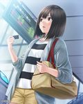  1girl akira_yukino bag brown_eyes brown_hair jewelry love_plus necklace short_hair ticket yukino_akira 