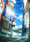  akihabara_(tokyo) bad_id bad_pixiv_id boots building city from_behind green_eyes kurono_kuro looking_back orange_hair original short_hair shorts sign smile solo thighhighs tokyo_(city) white_legwear 