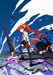  :&lt; absurdres alastor_(shakugan_no_shana) black_hair black_legwear black_ribbon blue_sky blush buttons closed_mouth cloud fire floating_rock frilled_shirt frills hair_ornament high_heels highres holding holding_sword holding_weapon jewelry katana kurai_nao landscape long_hair long_ponytail mary_janes miniskirt orange_eyes pendant ponytail red_hair reflection ribbon rock shadow shakugan_no_shana shana shirt shoes short_sleeves sidelocks skirt sky solo sparks stepping_stones stream sword thighhighs v-shaped_eyebrows very_long_hair water weapon white_shirt wrapped zettai_ryouiki 