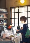  backpack bag book_stack book_stand bookstore brown_hair indoors kusakabe_(kusakabeworks) lamp making_of original school_uniform shelf shop short_hair solo table 