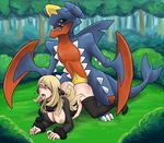  all_fours blonde_hair blush breasts clothing cynthia_(pokemon) duo female feral from_behind hair interspecies legwear male mega_evolution mega_garchomp nintendo nipples penetration pok&#233;mon pok&#233;philia pok&eacute;mon pok&eacute;philia sex spread_legs spreading stockings straight tongue video_games xxxx52 yellow_eyes 