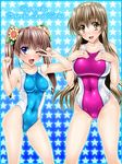  blue_eyes brown_eyes brown_hair competition_swimsuit fang flower hair_ornament hairband highres long_hair multiple_girls nogizaka_haruka nogizaka_haruka_no_himitsu nogizaka_mika one-piece_swimsuit sen_(sansui) siblings sisters sunflower swimsuit twintails 