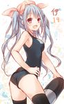  black_legwear blue_hair character_name i-19_(kantai_collection) kantai_collection komeshiro_kasu long_hair one-piece_swimsuit red_eyes school_swimsuit solo swimsuit thighhighs torpedo twintails 