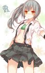  arm_warmers blush bra brown_eyes character_name dress_shirt kantai_collection kasumi_(kantai_collection) komeshiro_kasu long_hair navel open_clothes open_shirt school_uniform shirt side_ponytail silver_hair skirt solo striped striped_bra suspenders torn_clothes underwear 